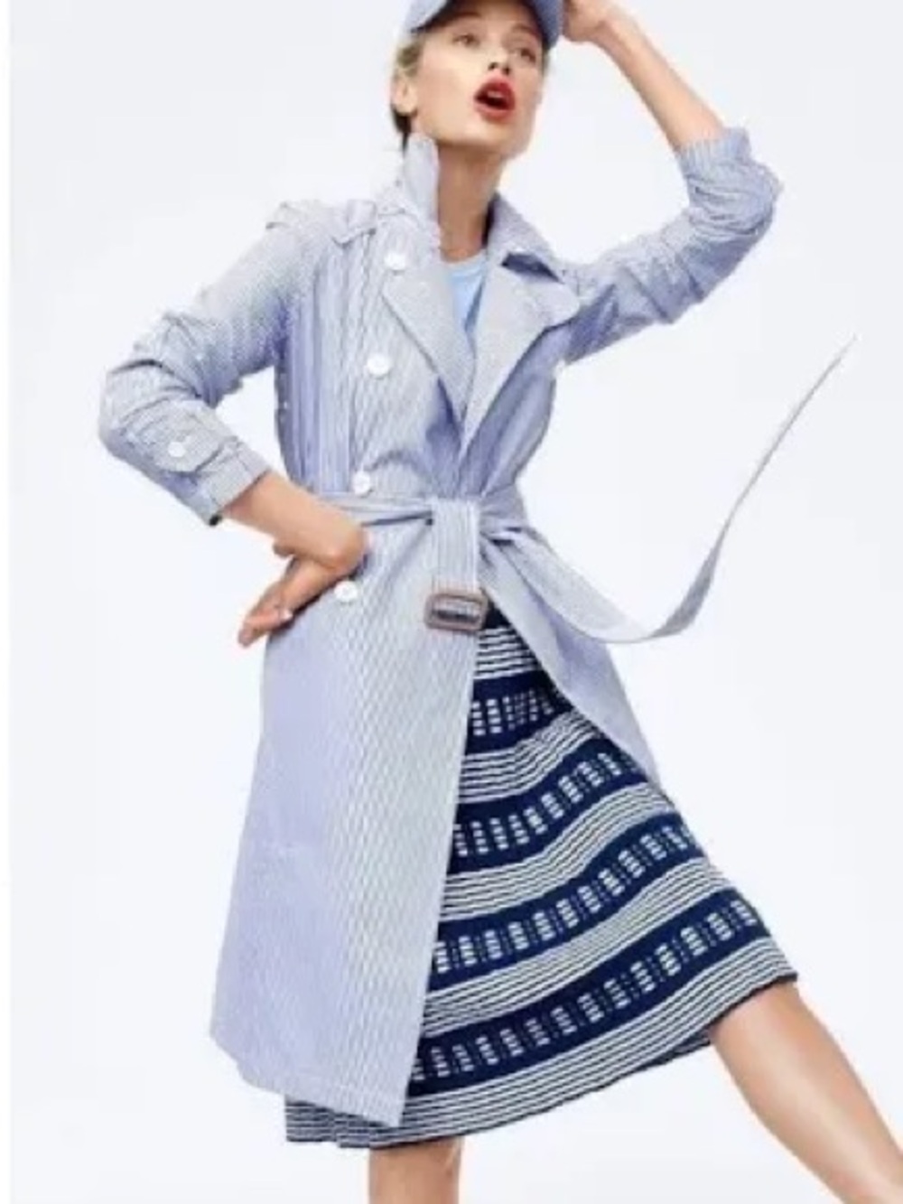 J. Crew Light Blue and White Striped Trench Coat